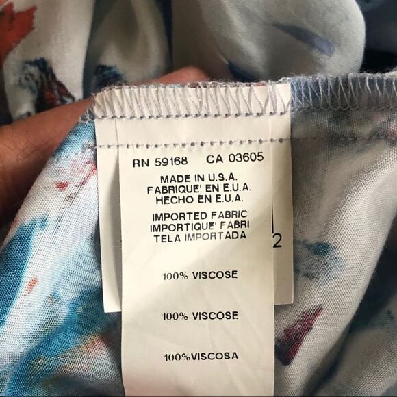 Karen Kane Ruffle Blouse Abstract Long Sleeve Top White Blue Made in USA Small - Picture 8 of 10